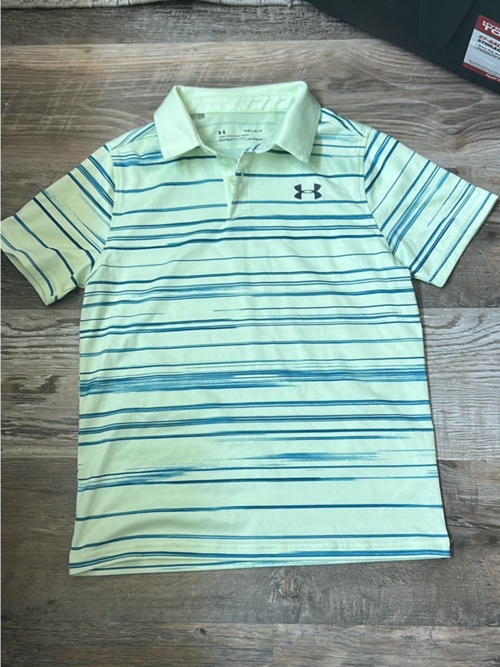 NWOT Under Armour Light Green Polo with Blue Stripes Youth large